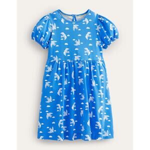 Mini Boden Girls 8/9 Cabana Blue Birds Puff Sleeve Jersey Dress
